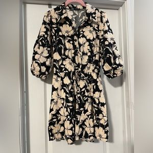 Zara Floral Dress Sz Sm Short Button Front Drawstring Waist Tiered 1/2 SL; NWOT